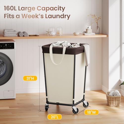160L Laundry Basket with Wheels, 2-section Rolling Laundry Basket, Large Laundry Hamper with Wheels, Rolling Laundry Hamper Clothes Hamper for Home, Bathrooms and Dorm(Beige) - Image 3