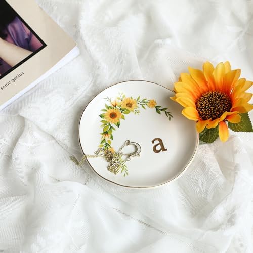 COLLECTIVE HOME - Ceramic Jewelry Tray, Trinket Dish for Rings Earrings Necklaces Bracelet Watch Keys, Birthday Mother's Day Christmas Gift for Women, 4.75", White Surface wirh Sunflowers (a) - Image 3