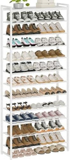 12 Tier Shoe Rack Organizer for 48-60 Pairs, Tall Metal Shoe Storage Shelf with Wood Top, Adjustable Boot Space, Narrow Design for Entryway Closet, White by Unknown