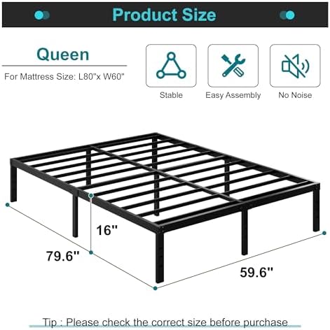 Maenizi 16 Inch Queen Bed Frame Heavy Duty Metal Support Up to 3000 lbs - Image 2