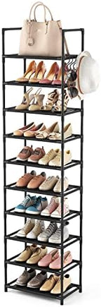 LANTEFUL 10 Tiers Tall Shoe Rack 20-25 Pairs Boots Organizer Storage Sturdy Narrow Shoe Shelf for Entryway, Closets with Hooks, Black by LANTEFULforTidyingHouse