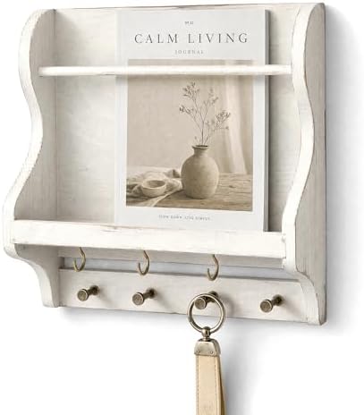 Pine Wood Mail Organizer Wall Mount with 7 Hooks for Home Decor, Whitewash by REBEEVISION