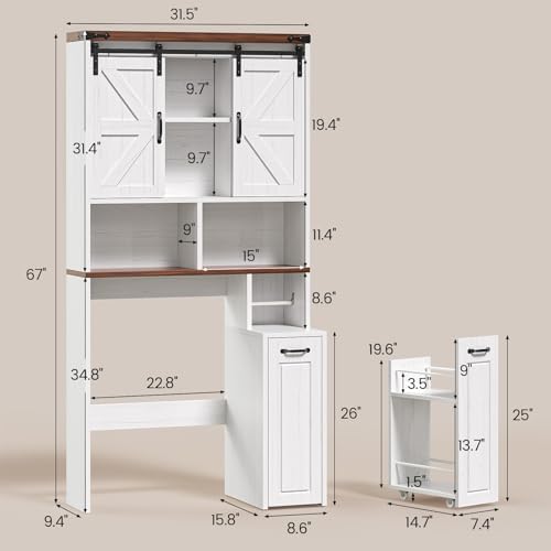 Farmhouse Over The Toilet Storage Cabinet with Pulley, Slide Barn Doors Bathroom Storage Cabinet, Space Saver W/Adjustable Shelf & Open Shelf for Bathroom, Restroom, Laundry (White Brown-Type A) - Image 2