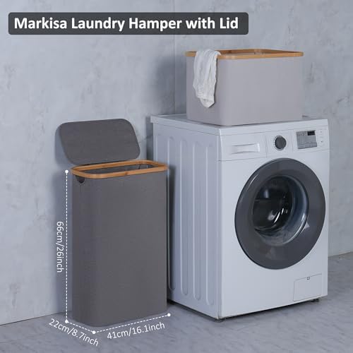 Slim Laundry Basket,60L Laundry Hamper with Lid, Tall Hamper for Laundry,Dirty Cloth Hamper with Bamboo Handle for Towels, Clothes Organizing,Grey - Image 3