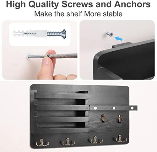Decorative Key Hanging Rack with 10 Hooks – Easy Install Natural Wooden Key and Mail Holder for Wall Mount – Entryway Decor Rack with Shelf (Black) - Image 4