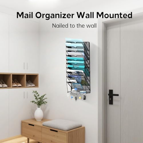 11-Tier Wall File Organizer and Mail Organizer with 5 Hooks, Black - Image 4
