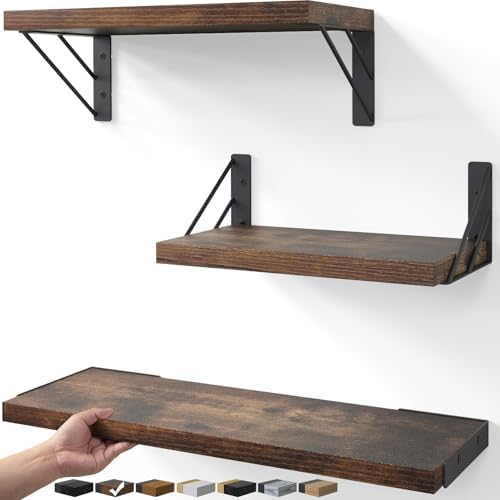 BAYKA Wall Shelves for Bedroom Decor, Wood, Rustic Brown, Set of 3, 16in by Bayka