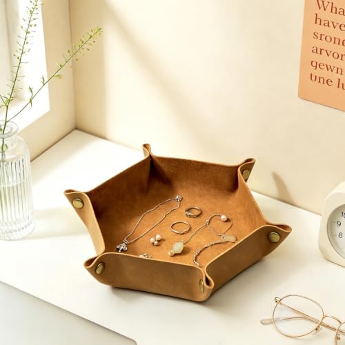 boshiho Valet Tray for Men, Leather Jewelry Catchall Key Phone Coin Box Change Caddy Bedside Storage Box (Tan) - Image 4