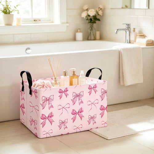 Rectangular Collapsible Laundry Basket with Side Handles, Pink Bow - Image 7