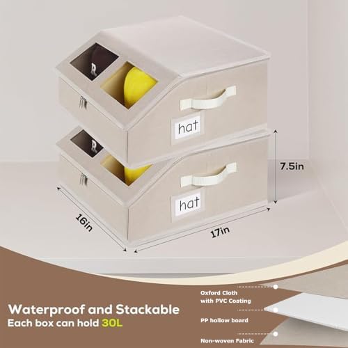 Hat Storage for Baseball Caps-Holds Up to 24 Caps, Hat Organizer for Closet Stackable Hat Box with Cardboard, Dustproof Baseball Cap Organizer with 2 Handles for Home Travel (Beige, 1 Pack) - Image 3