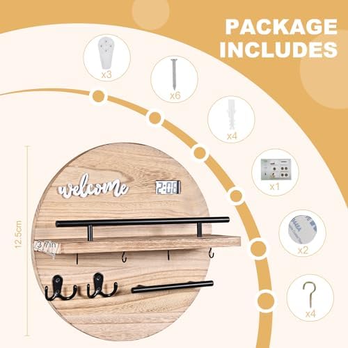 Key Holder for Wall Decorative, Key Hooks Wall Mounted with Shelf and Wooden Key Holder Round Key Hooks for Entryway Mudroom Hallway Kitchen Office (Wood) - Image 6
