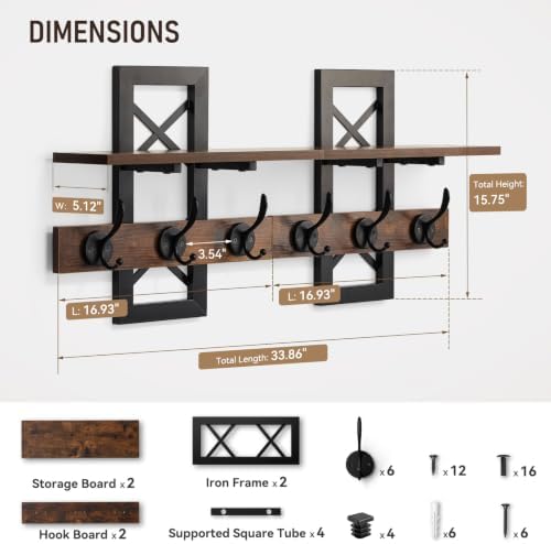 33.86" Wall Mounted Coat Rack with Shelf, Heavy Duty Entryway Wall Organizer with 6 Dual Hooks and Key Holder, Rustic Wood Coat Hanger for Coats, Bags, Hats, Hallway, Mudroom, Bathroom (Brown) - Image 3