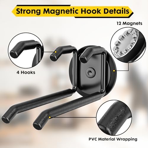 Strong Magnetic Hooks Heavy Duty - 4 Pack Rare Earth Magnets for Garage Utility Storage 20lb Hold | Hang Ladder, Power Tools, Toolbox, Shovel, Broom, Extension Cord (E-Blackpro 4) - Image 6