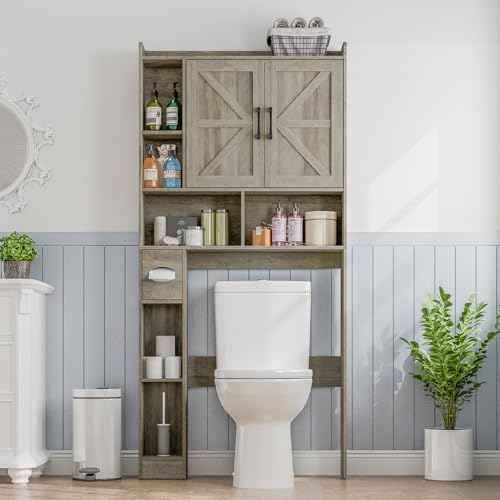 Vabches Over The Toilet Storage Cabinet with 2 Barn Doors, Grey by Vabches