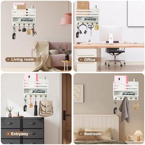 Key Holder Wall Mount with Mail Organizer, 5 Key Hooks, White - Image 6