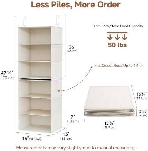StorageWorks Hanging Closet Organizer, 6-Shelf with 2-in-1 Design, Ivory | Maximize Closet Space with Reinforced Shelves, Small Closet Storage Solution for Bedrooms, Dorms and RVs, Jumbo - Image 2
