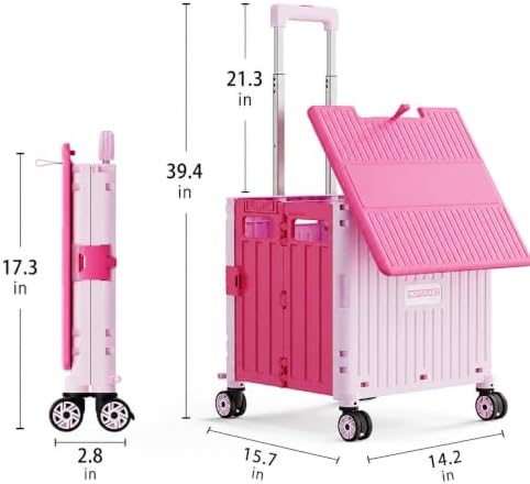 Foldable Utility Cart with Stair Climbing Wheels, Collapsible Rolling Crate with Telescoping Handle, Folding Shopping Trolley Handcart Grocery Book File Tool Teacher Storage Basket (Pink, 4 Wheels) - Image 2