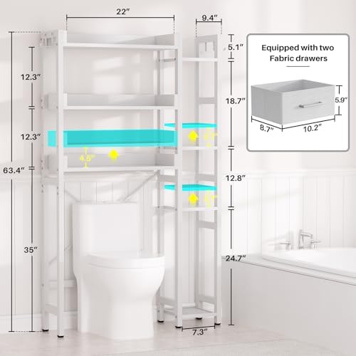 Besiost Over The Toilet Storage, 7 Tier Bathroom Organizer with Reversible Side Shelf and 2 Fabric Drawers, Adjustable Freestanding Rack Space Saver for Small Spaces, White - Image 3