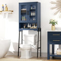 Over The Toilet Storage Cabinet with Tempered Glass Doors and Adjustable Shelf, Bathroom Organizer with Metal Stand Space Saver Over Toilet , Modern Toilet Rack for Bathroom, Restroom, Laundry, Blue by FiveWillowise