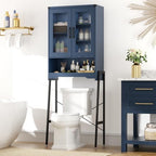 Over The Toilet Storage Cabinet with Tempered Glass Doors and Adjustable Shelf, Bathroom Organizer with Metal Stand Space Saver Over Toilet , Modern Toilet Rack for Bathroom, Restroom, Laundry, Blue by FiveWillowise