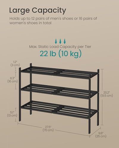 SONGMICS Bamboo Shoe Rack, 3-Tier Stackable Shoe Organizer, for 12-16 Pairs - Image 3