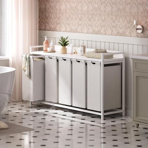Herture Laundry Hamper with Shelf, Laundry Basket 5 Section, Laundry Sorter with Pull-Out Removable Large Bags and Movable Wheels, Metal Frame, 5 x 15.87 Gallons (60L), White PF08XLW - Image 6