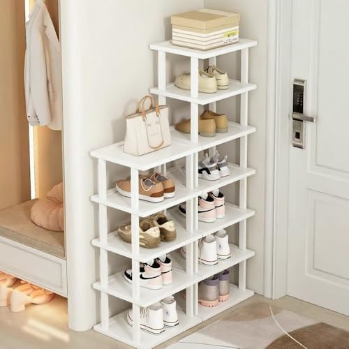 SAN HE Bamboo Shoe Rack 5Tier- Vertical White Shoe Rack for Small Spaces, Tall Narrow Shoe Rack Organizer for Closet Entryway Corner Garage and Bedroom,Skinny Shoe Shelf with Free Stackable DIY - Image 6