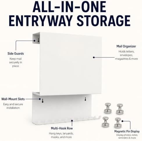 Wall Mounted Key Holder and Mail Organizer with 11 Hooks and 4 Pins,White - Image 6