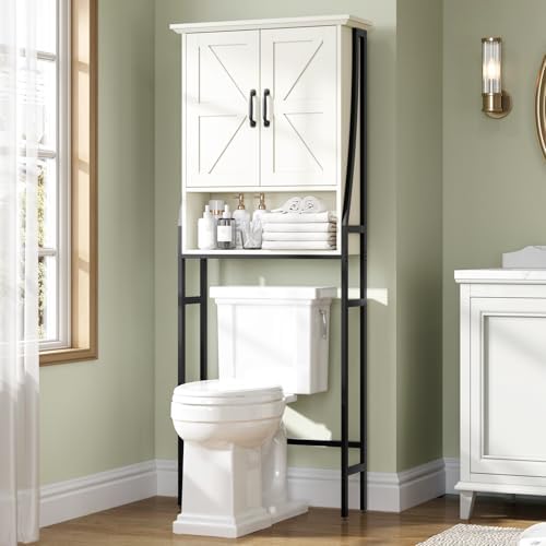 Over The Toilet Storage Cabinet, Over Toilet Bathroom Organizer, Above Toilet Storage Cabinet with Barn Doors Behind Toilet Bathroom Organizer (Cream White) by MXARLTR