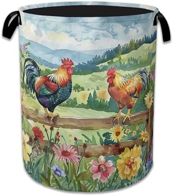 Rooster Laundry Hamper Farm Floral Laundry Basket Collapsible Portable Clothes Storage Bin for Bathroom Bedroom Room Decor 16 X 20.8 Inch by NSMNSM