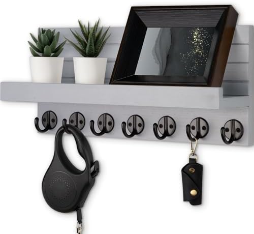 Lwenki Key Holder Wall Mount, Entryway Key and Mail Holder with 7 Sturdy Hooks for Sunglasses, Dog Leash, Decorative Wall Shelf with Mounting Hardware, 15”W x 6.7”H x 4.2”D (Gray) by Lwenki