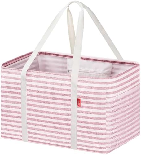 LHZK Standing Utility Tote Bag with Metal Wire Frame and the Sides Rinforced, Large Tote Bag with Handle, Reusable Grocery Bags Foldable, Beach Bag, Car Tote (Pink, 18.5''x11.8''x11.5'') by LHZK