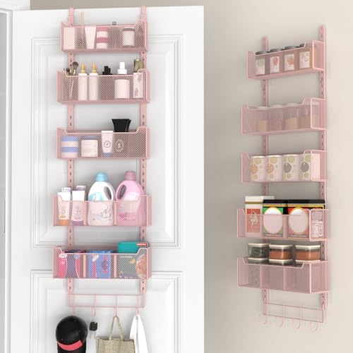 VyGrow Over The Door Organizer, Metal Door Organizer Hanging with 5 Adjustable Baskets and Coat Hook, Behind The Door Storage for Bedroom Closet Bathroom Pantry Cabinet Kitchen, Pink by VyGrow