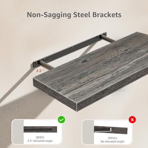 QEEIG Floating Shelves for Wall 23.6" Long - Wall Mounted Shelf Bathroom Kitchen Living Room Bedroom Farmhouse Home Decor Display Bookshelf Large 23.6 x 9.3 inch Set of 2, Grey (008-60GY) - Image 5