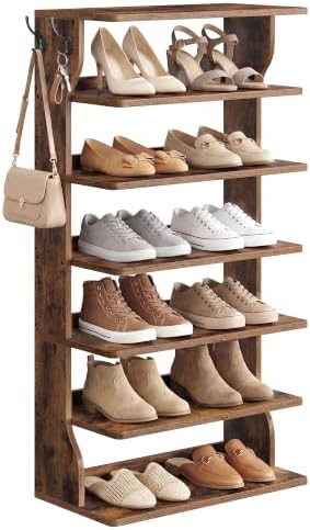 VASAGLE 7-Tier Vertical Shoe Rack, Narrow Shoe Storage Organizer with Hooks by VASAGLEbySONGMICSHOME