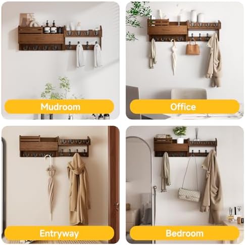 Solid Wood Wall Mounted Coat Rack with Shelf & Drawer - Image 6