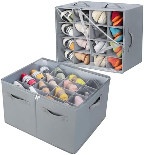 TOPIA HOME Shoe Organizer for Closet 2 Pack, Foldable Shoe Box with Adjustable Dividers and Clear Cover, Space Saving Shoe Storage Organizer Cabinet with Reinforced Handles, Fits 32 Pairs, Gray, TP12G by TOPIAHOME