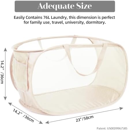 Durable Collapsible Laundry Baskets, Mesh Pop Up Laundry Hamper with Side Pocket, Foldable Clothes Storage Hamper with Reinforced Carry Handles for Laundry, Bathroom, Kids Room, Dorm or Travel Beige - Image 3