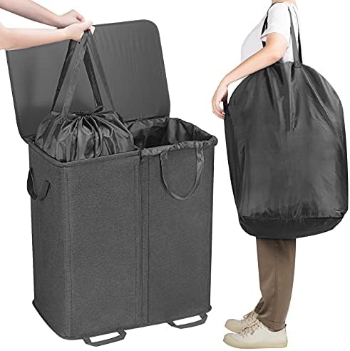 Lifewit Double Laundry Hamper with Lid, Removable Laundry Bags, Black - Image 4