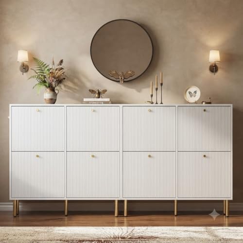 Nicetree White Shoe Cabinet for Entryway, 4 Flip Drawers Shoe Storage Cabinet with Tiered Fluted Design, Slim Narrow Shoe Rack for Small Spaces, 9.5" Deep Shoe Organizer with Metal Legs - Image 6