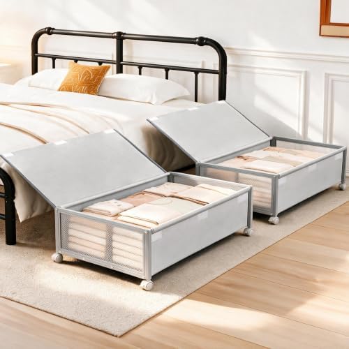 Fokyfok 2Pack Under Bed Storage Containers,10 inch Height,31 inch Long | Under Bed Shoe Storage,Underbed Storage with Wheels,Large Rolling under bed Clothes Storage Drawers,Lid,Dorm Tall,Grey by Fokyfok