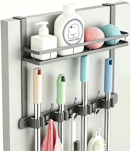 Over the Door Heavy Duty Metal Broom & Mop Holder, No-Drill Cleaning Supply Organizer with 4 Grips, 3 Hooks & 1 Storage Basket for Laundry Room & Garage by EARLESSBEAR