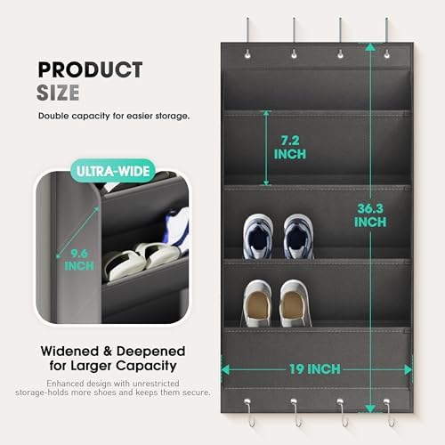 WVM Over The Door Shoe Organizer with Large Deep Pockets, Hanging Closet Shoe Rack for Large Shoes, Boots, Multifunctional Entryway Door Hanger with Hooks - Image 3