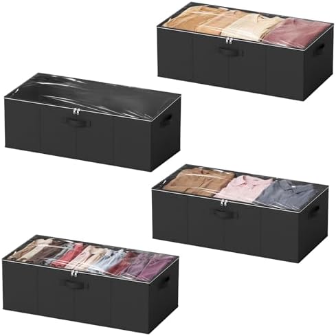 SpaceAid 4 Pack 10" High Under Bed Storage Containers, Large Underbed Storage Organizer Bins with Lids for Bedroom, Dorm, Clothes, Closet Organization, Bed Sheets and Blankets (Black) by SpaceAid