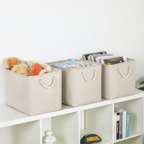 Bidtakay Large Storage Baskets for Shelves 3 Pack Fabric Storage Bins for Organizing Linen Collapsible Organizer for Closet-Light Biege - Image 5