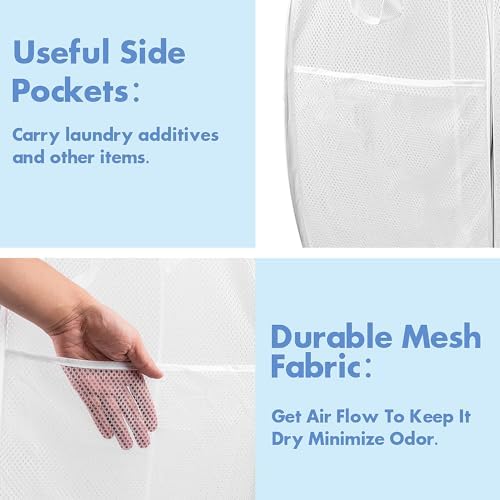 Pop Up Laundry Hamper, 70 L Collapsible Mesh Basket with Side Pocket, White - Image 4