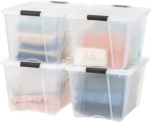 IRIS USA 54 Qt Stackable Plastic Storage Bins with Lids, 8 Pack - BPA-Free, Made in USA - See-Through Organizing Solution, Latches, Durable Nestable Containers, Secure Pull Handle - Clear - Image 2