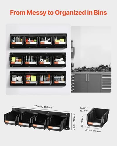 VEVOR Wall Mounted Storage Bins, 12 Plastic Bins & 3 Metal Rails, Plastic Hanging Stackable Storage Bin for Screws, Nuts, Bolts, Nails, Hardware Tool Organizer for Workshop, Craft Room, Garage, Black - Image 2