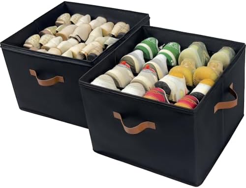 Shoe Organizer Box 2 Pack, Shoe Storage Organizer with Clear Cover, Adjustable Dividers Fits 16-32 Pairs, Fabric Shoe Organizer for Closet, Black by Vexalora
