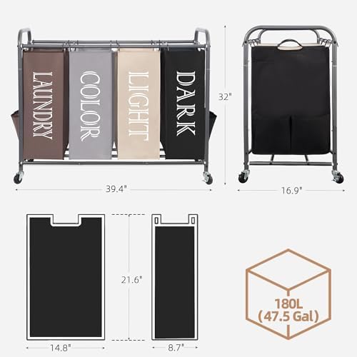 STORAGE MANIAC Laundry Sorter 4 Section, 47.5 Gal (180 L) Laundry Hamper with Wheels, Clothes Divider Basket Sorter, Separator Hamper Cart with Removable Bags, Multicolored - Image 3
